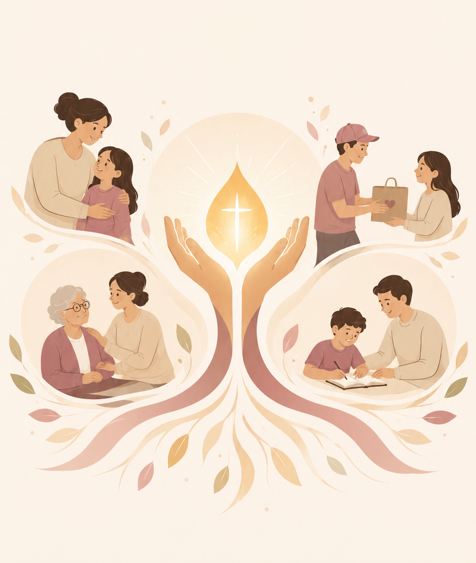 An illustrated scene of giving — open hands, light, and people being helped